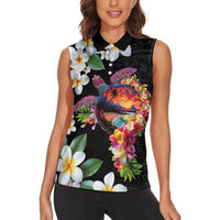Hawaiian Lei Day Women Sleeveless Polo Shirt Plumeria and Turtle with Polynesian Tribal Pattern LT03 - Polynesian Pride