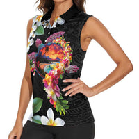 Hawaiian Lei Day Women Sleeveless Polo Shirt Plumeria and Turtle with Polynesian Tribal Pattern LT03 - Polynesian Pride
