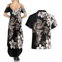 Hawaiian Lei Day Couples Matching Summer Maxi Dress and Hawaiian Shirt Plumeria and Turtle with Polynesian Tribal Pattern Grayscale Color