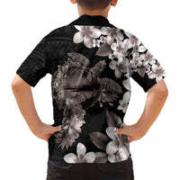 Hawaiian Lei Day Family Matching Off Shoulder Maxi Dress and Hawaiian Shirt Plumeria and Turtle with Polynesian Tribal Pattern Grayscale Color LT03 - Polynesian Pride