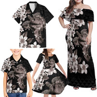 Hawaiian Lei Day Family Matching Off Shoulder Maxi Dress and Hawaiian Shirt Plumeria and Turtle with Polynesian Tribal Pattern Grayscale Color LT03 - Polynesian Pride