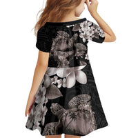 Hawaiian Lei Day Family Matching Off Shoulder Short Dress and Hawaiian Shirt Plumeria and Turtle with Polynesian Tribal Pattern Grayscale Color