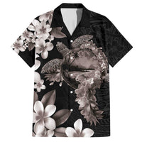Hawaiian Lei Day Family Matching Puletasi and Hawaiian Shirt Plumeria and Turtle with Polynesian Tribal Pattern Grayscale Color LT03 Dad's Shirt - Short Sleeve Black - Polynesian Pride
