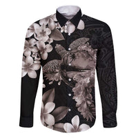 Hawaiian Lei Day Family Matching Puletasi and Hawaiian Shirt Plumeria and Turtle with Polynesian Tribal Pattern Grayscale Color LT03 Dad's Shirt - Long Sleeve Black - Polynesian Pride