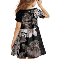 Hawaiian Lei Day Family Matching Short Sleeve Bodycon Dress and Hawaiian Shirt Plumeria and Turtle with Polynesian Tribal Pattern Grayscale Color