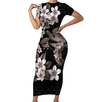 Hawaiian Lei Day Short Sleeve Bodycon Dress Plumeria and Turtle with Polynesian Tribal Pattern Grayscale Color LT03 Long Dress Black - Polynesian Pride
