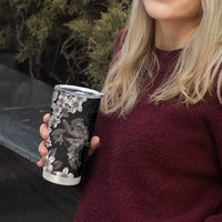 Hawaiian Lei Day Tumbler Cup Plumeria and Turtle with Polynesian Tribal Pattern Grayscale Color