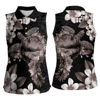 Hawaiian Lei Day Women Sleeveless Polo Shirt Plumeria and Turtle with Polynesian Tribal Pattern Grayscale Color LT03 - Polynesian Pride