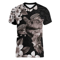 Hawaiian Lei Day Women V-Neck T-Shirt Plumeria and Turtle with Polynesian Tribal Pattern Grayscale Color LT03 Female Black - Polynesian Pride