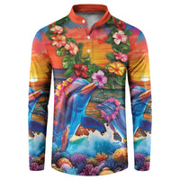 Hawaiian Lei Day Button Sweatshirt Dolphins with Colorful Corals and Romantic Sunset LT03 Orange - Polynesian Pride
