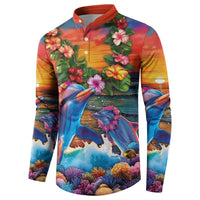 Hawaiian Lei Day Button Sweatshirt Dolphins with Colorful Corals and Romantic Sunset LT03 - Polynesian Pride