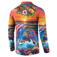 Hawaiian Lei Day Button Sweatshirt Dolphins with Colorful Corals and Romantic Sunset LT03 - Polynesian Pride
