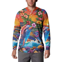 Hawaiian Lei Day Button Sweatshirt Dolphins with Colorful Corals and Romantic Sunset LT03 - Polynesian Pride