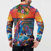 Hawaiian Lei Day Button Sweatshirt Dolphins with Colorful Corals and Romantic Sunset LT03 - Polynesian Pride