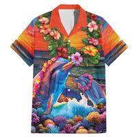 Hawaiian Lei Day Family Matching Mermaid Dress and Hawaiian Shirt Dolphins with Colorful Corals and Romantic Sunset LT03 Dad's Shirt - Short Sleeve Orange - Polynesian Pride