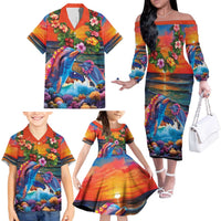 Hawaiian Lei Day Family Matching Off The Shoulder Long Sleeve Dress and Hawaiian Shirt Dolphins with Colorful Corals and Romantic Sunset