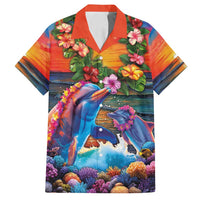 Hawaiian Lei Day Family Matching Off Shoulder Maxi Dress and Hawaiian Shirt Dolphins with Colorful Corals and Romantic Sunset LT03 Dad's Shirt - Short Sleeve Orange - Polynesian Pride