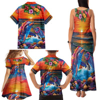 Hawaiian Lei Day Family Matching Tank Maxi Dress and Hawaiian Shirt Dolphins with Colorful Corals and Romantic Sunset