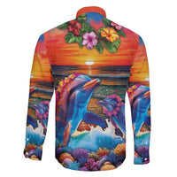 Hawaiian Lei Day Family Matching Tank Maxi Dress and Hawaiian Shirt Dolphins with Colorful Corals and Romantic Sunset
