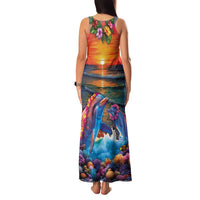 Hawaiian Lei Day Family Matching Tank Maxi Dress and Hawaiian Shirt Dolphins with Colorful Corals and Romantic Sunset