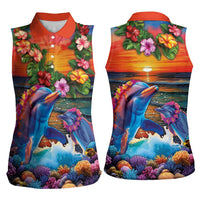 Hawaiian Lei Day Women Sleeveless Polo Shirt Dolphins with Colorful Corals and Romantic Sunset LT03 - Polynesian Pride