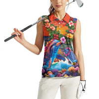 Hawaiian Lei Day Women Sleeveless Polo Shirt Dolphins with Colorful Corals and Romantic Sunset LT03 - Polynesian Pride