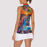 Hawaiian Lei Day Women Sleeveless Polo Shirt Dolphins with Colorful Corals and Romantic Sunset LT03 - Polynesian Pride