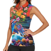 Hawaiian Lei Day Women Sleeveless Polo Shirt Dolphins with Colorful Corals and Romantic Sunset LT03 - Polynesian Pride