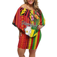 Personalised Hawaii and Philippines Together Off Shoulder Short Dress The Emblems with Cultural Symbols Green-Yellow-Red Tricolor LT03 Women Art - Polynesian Pride