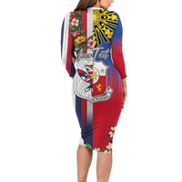 Personalised Hawaii and Philippines Together Long Sleeve Bodycon Dress The Emblems with Cultural Symbols Blue-White-Red Tricolor LT03 - Polynesian Pride