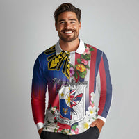 Personalised Hawaii and Philippines Together Long Sleeve Polo Shirt The Emblems with Cultural Symbols Blue-White-Red Tricolor LT03 - Polynesian Pride