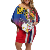 Personalised Hawaii and Philippines Together Off Shoulder Short Dress The Emblems with Cultural Symbols Blue-White-Red Tricolor LT03 Women Art - Polynesian Pride