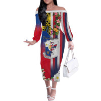 Personalised Hawaii and Philippines Together Off The Shoulder Long Sleeve Dress The Emblems with Cultural Symbols Blue-White-Red Tricolor LT03 Women Art - Polynesian Pride