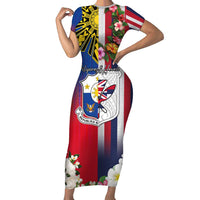 Personalised Hawaii and Philippines Together Short Sleeve Bodycon Dress The Emblems with Cultural Symbols Blue-White-Red Tricolor LT03 Long Dress Art - Polynesian Pride