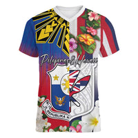 Personalised Hawaii and Philippines Together Women V-Neck T-Shirt The Emblems with Cultural Symbols Blue-White-Red Tricolor LT03 Female Art - Polynesian Pride