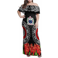 Samoa Siapo Ula Fala Family Matching Off Shoulder Maxi Dress and Hawaiian Shirt With Ginger Plant Black Color LT03 Mom's Dress Black - Polynesian Pride