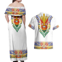 Haiti Flag Traditional Dashiki Couples Matching Off Shoulder Maxi Dress and Hawaiian Shirt White Color LT03 - Polynesian Pride