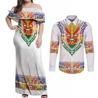 Haiti Flag Traditional Dashiki Couples Matching Off Shoulder Maxi Dress and Long Sleeve Button Shirt White Color - Polynesian Pride