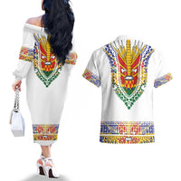 Haiti Flag Traditional Dashiki Couples Matching Off The Shoulder Long Sleeve Dress and Hawaiian Shirt White Color LT03 - Polynesian Pride