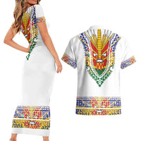 Haiti Flag Traditional Dashiki Couples Matching Short Sleeve Bodycon Dress and Hawaiian Shirt White Color LT03 - Polynesian Pride