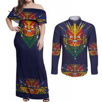 Haiti Flag Traditional Dashiki Couples Matching Off Shoulder Maxi Dress and Long Sleeve Button Shirt Black Color - Polynesian Pride