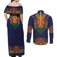 Haiti Flag Traditional Dashiki Couples Matching Off Shoulder Maxi Dress and Long Sleeve Button Shirt Black Color - Polynesian Pride