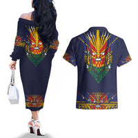 Haiti Flag Traditional Dashiki Couples Matching Off The Shoulder Long Sleeve Dress and Hawaiian Shirt Black Color LT03 - Polynesian Pride