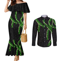 Hawaii Maile Lei Couples Matching Mermaid Dress and Long Sleeve Button Shirt Aloha Black Color