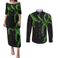 Hawaii Maile Lei Couples Matching Puletasi and Long Sleeve Button Shirt Aloha Black Color
