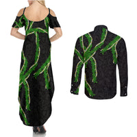 Hawaii Maile Lei Couples Matching Summer Maxi Dress and Long Sleeve Button Shirt Aloha Black Color