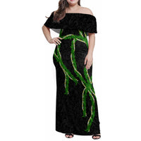 Hawaii Maile Lei Family Matching Off Shoulder Maxi Dress and Hawaiian Shirt Aloha Black Color LT03 Mom's Dress Black - Polynesian Pride