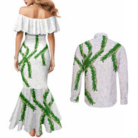 Hawaii Maile Lei Couples Matching Mermaid Dress and Long Sleeve Button Shirt Aloha White Color