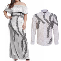 Hawaii Maile Lei Couples Matching Off Shoulder Maxi Dress and Long Sleeve Button Shirt Aloha The Grey Color
