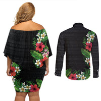 Hawaii Tropical Flowers and Leaves Couples Matching Off Shoulder Short Dress and Long Sleeve Button Shirt Tapa Pattern Colorful Mode
